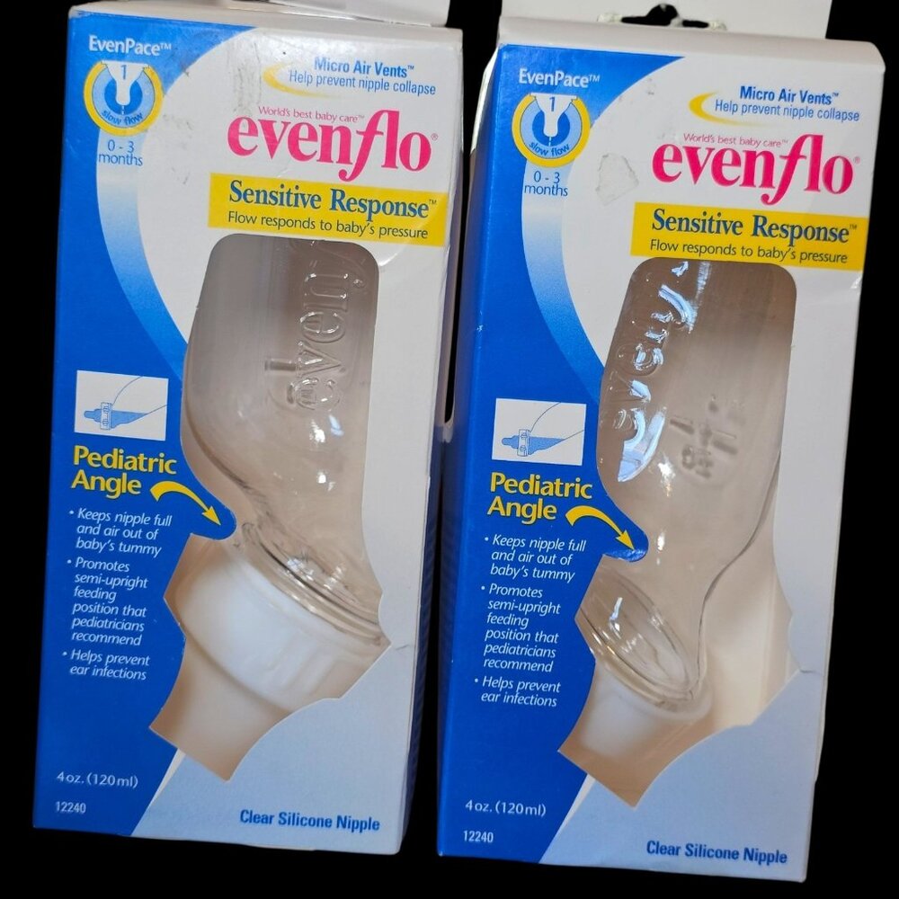 VTG 1999 Evenflo‎ Sensitive Response Angled Baby Bottles Clear  Newborn 0-3 M
